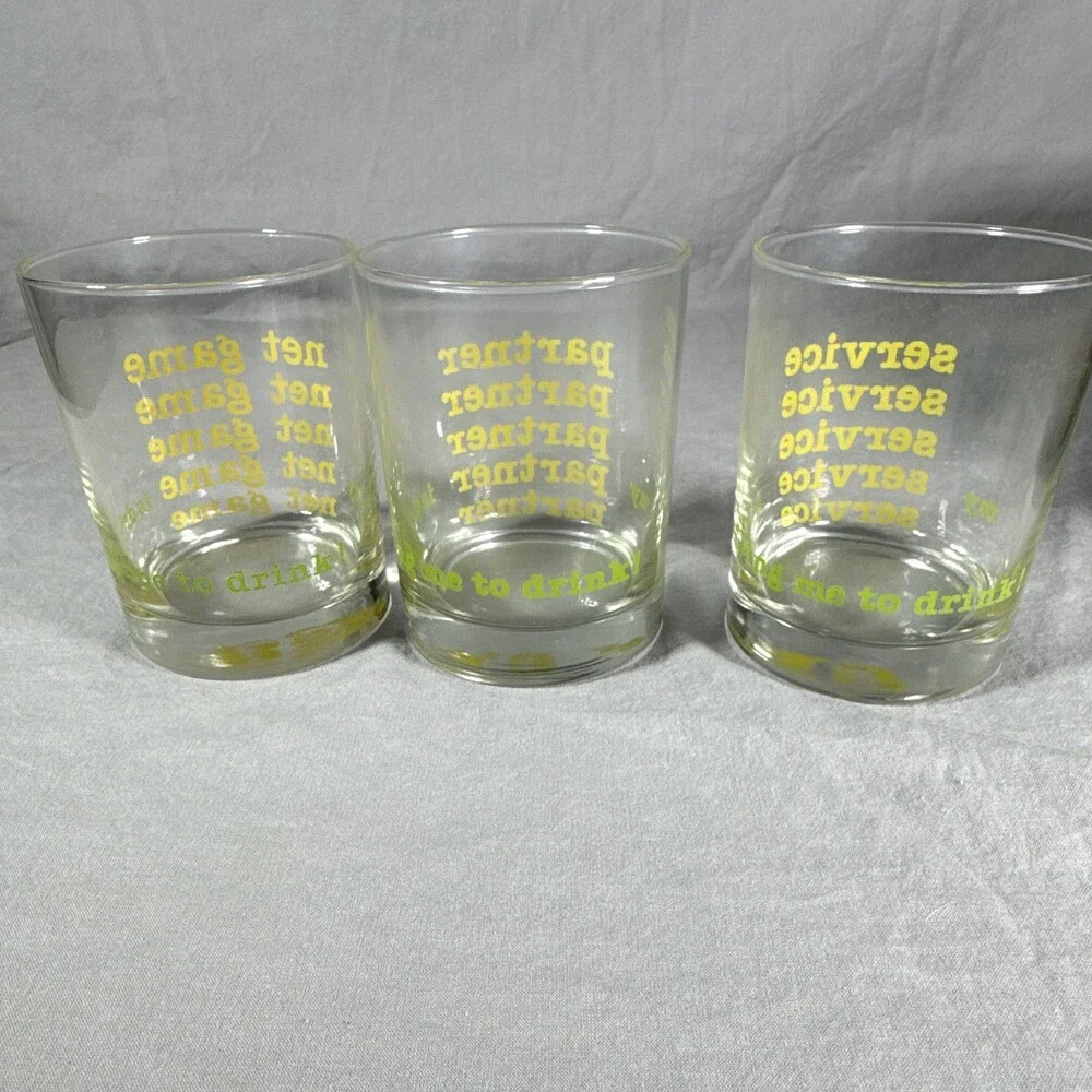 MCM Clear Glass 8oz Rocks Tumblers Text Print Partner Service Net Game Set of 3
